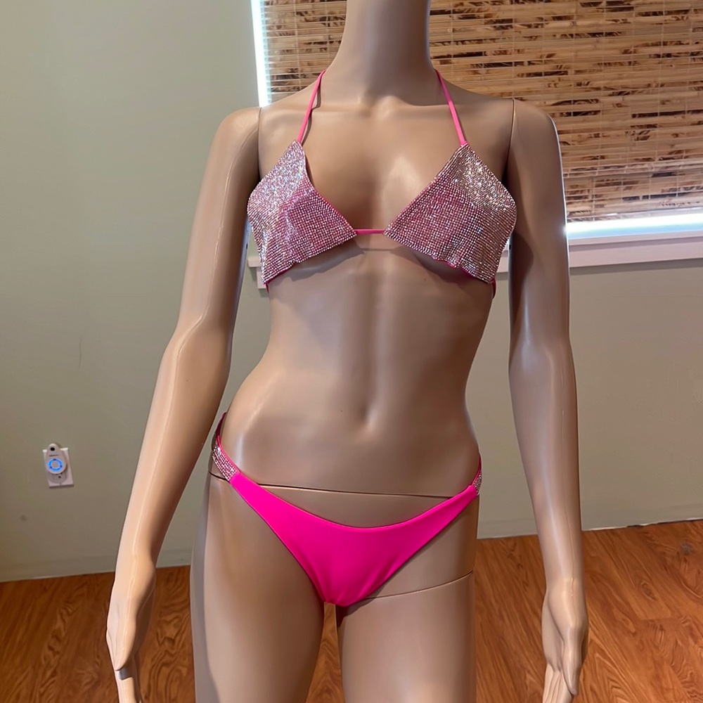 Rhinestone Embellished Bikini Hot Pink With Silver Rhinestones Size 8 M